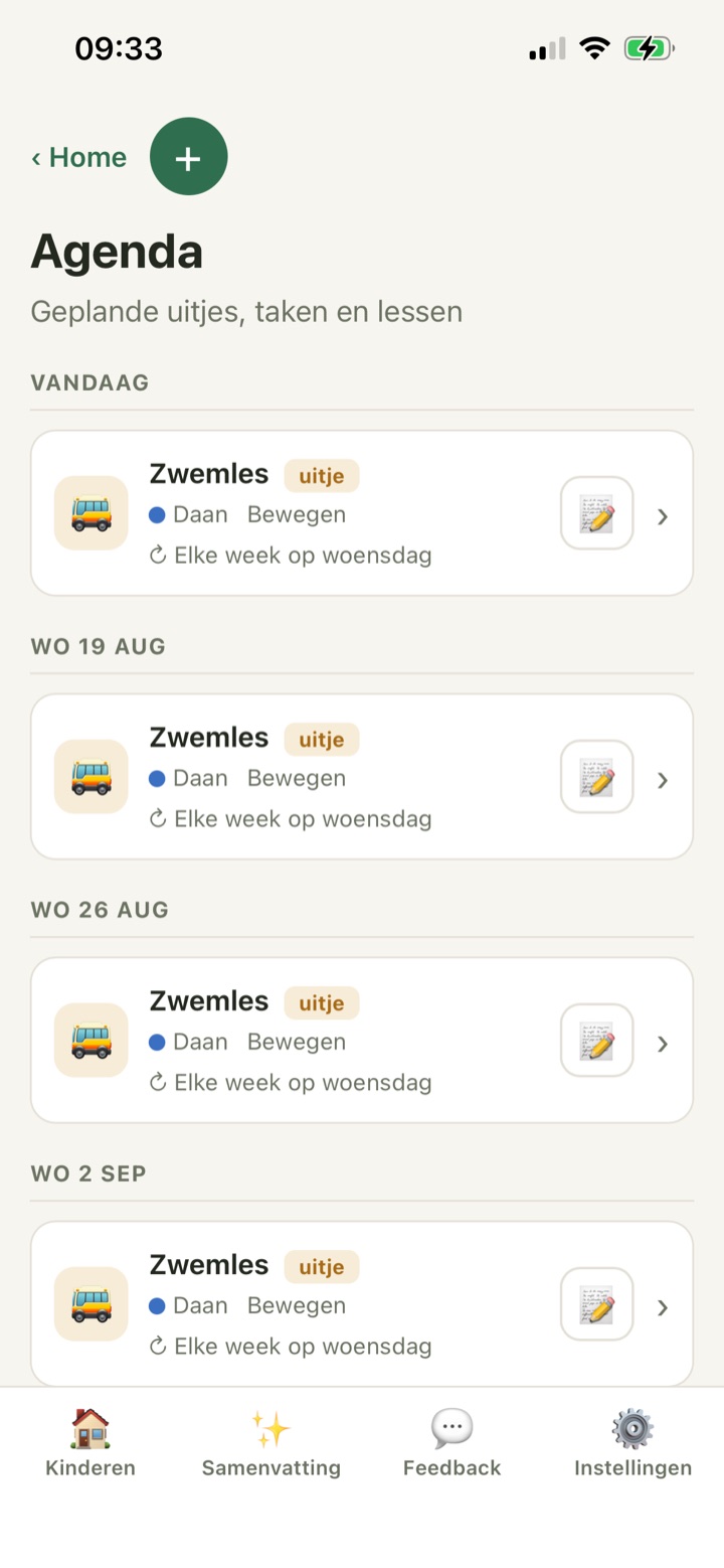 De agenda in Kindfolio met terugkerende activiteiten