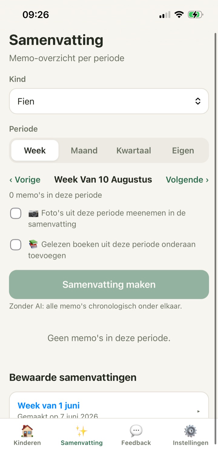 Het scherm om in Kindfolio een samenvatting te maken